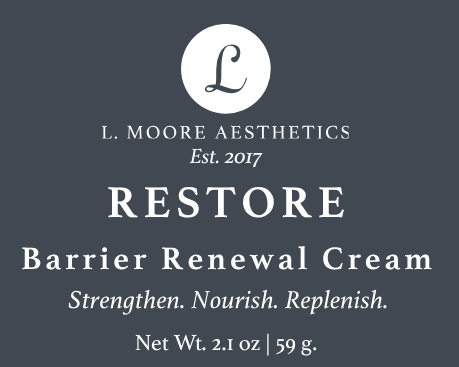RESTORE Barrier Renewal Cream, label on a dark blue background stating strengthen, nourish, replenish along with ingredients